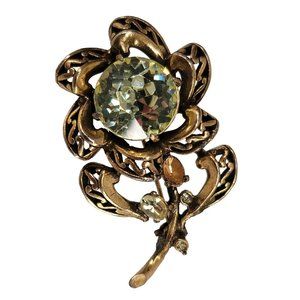 Vintage Signed Hollycraft 1952 Flower Brooch Large Citrine Rhinestone 16g READ